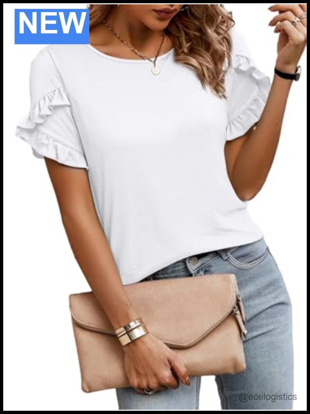 Ruffle Sleeve Crewneck Short Sleeve Tee Business Casual Blouse